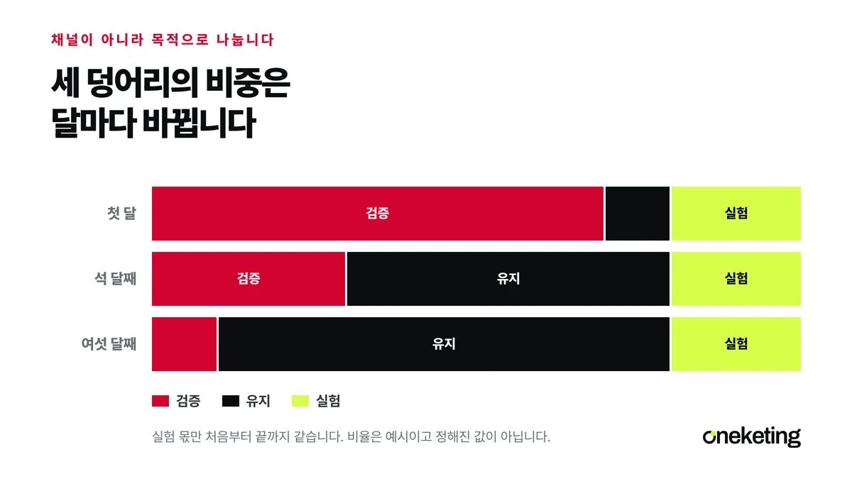 광고비를 검증과 유지와 실험 세 덩어리로 나눈 막대가 달이 지날수록 비중을 바꾸는 모습을 나타낸 표지