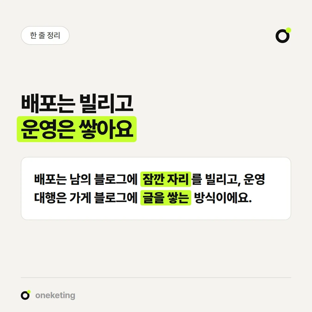 블로그 배포는 외부 블로그의 자리를 빌리고, 운영 대행은 가게 블로그에 글을 쌓습니다.