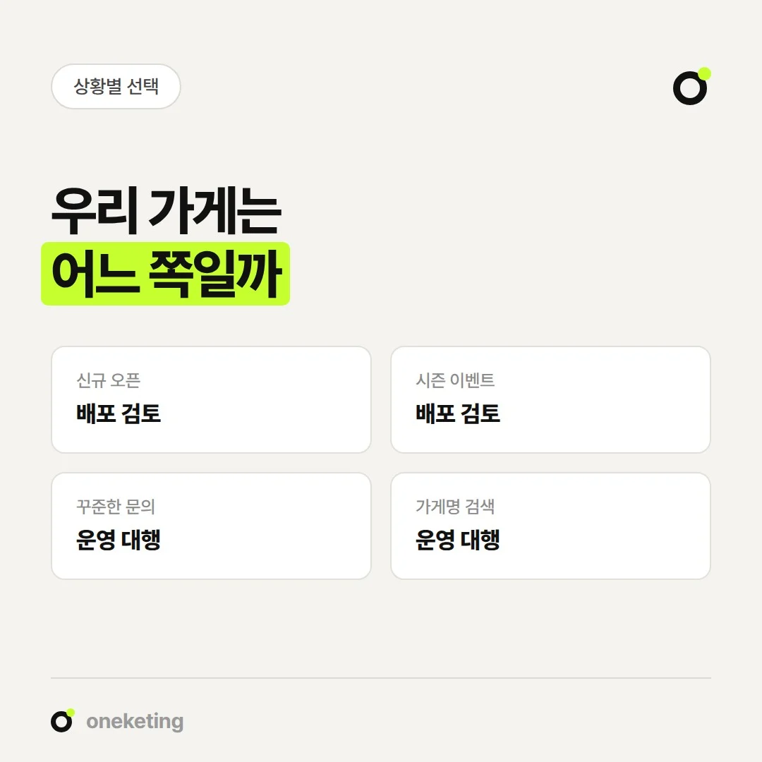 오픈·이벤트는 블로그 배포를, 꾸준한 문의는 운영 대행을 먼저 검토합니다.