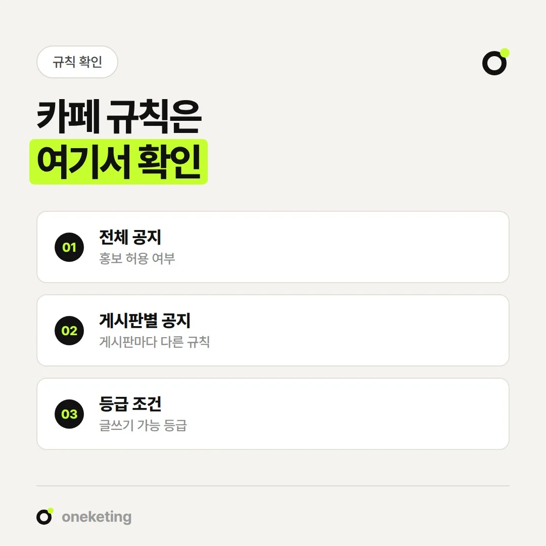 네이버 카페 홍보 규칙은 전체 공지, 게시판별 공지, 등급 조건 순서로 확인합니다.