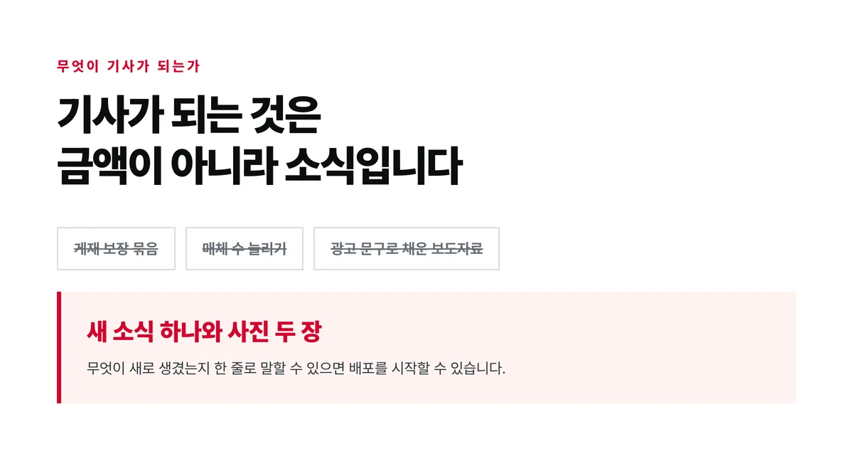 게재 보장 묶음, 매체 수 늘리기, 광고 문구로 채운 보도자료 세 가지 선택지를 지우고 새 소식 하나와 사진 두 장을 남겨, 기사가 되는 것은 금액이 아니라 소식이라는 것을 보여 주는 문장 카드