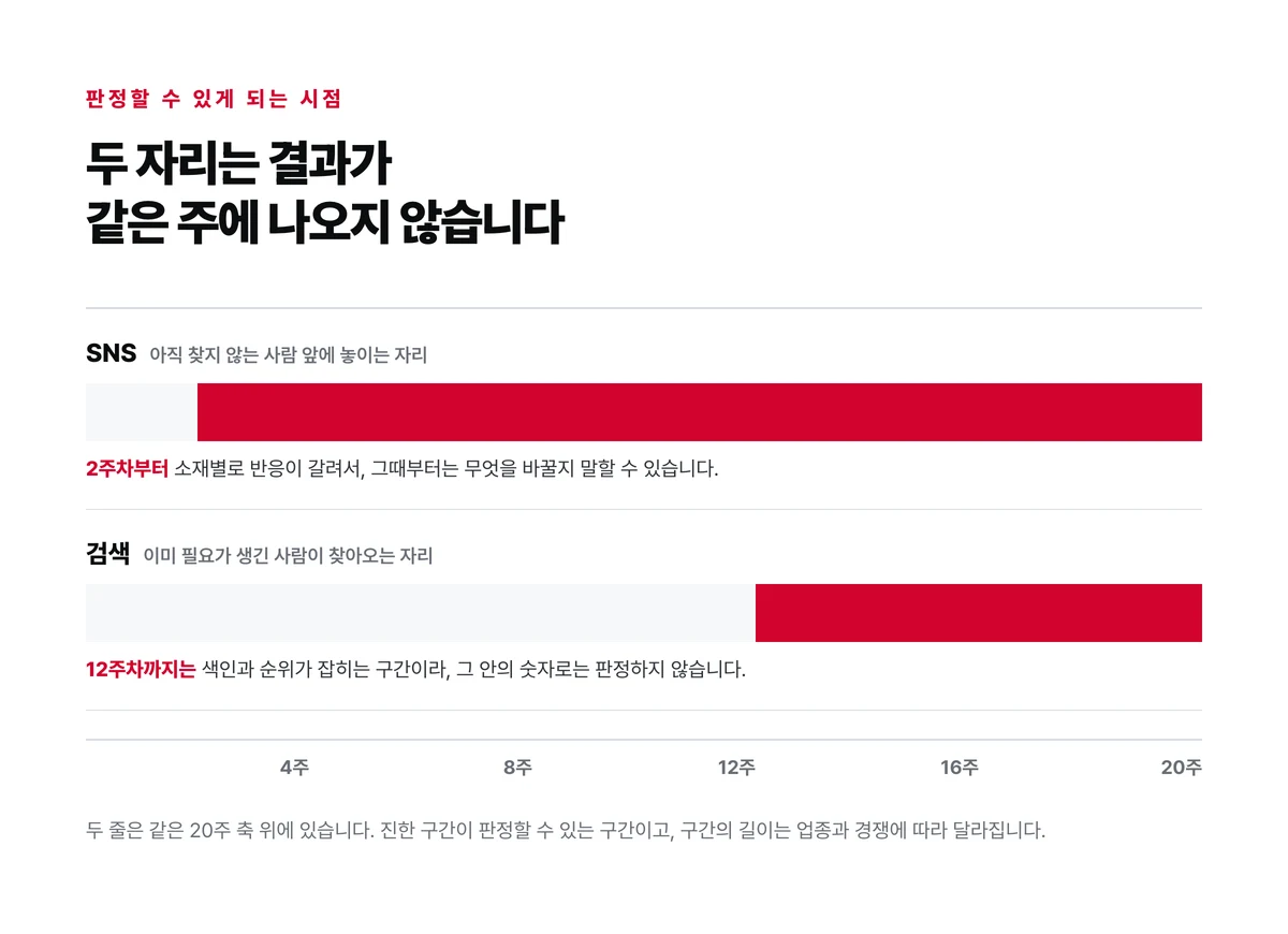 같은 20주 축 위에 SNS와 검색 두 줄을 놓고 판정할 수 있게 되는 구간이 각각 2주차와 12주차부터 시작되는 것을 진한 구간으로 표시한 도표