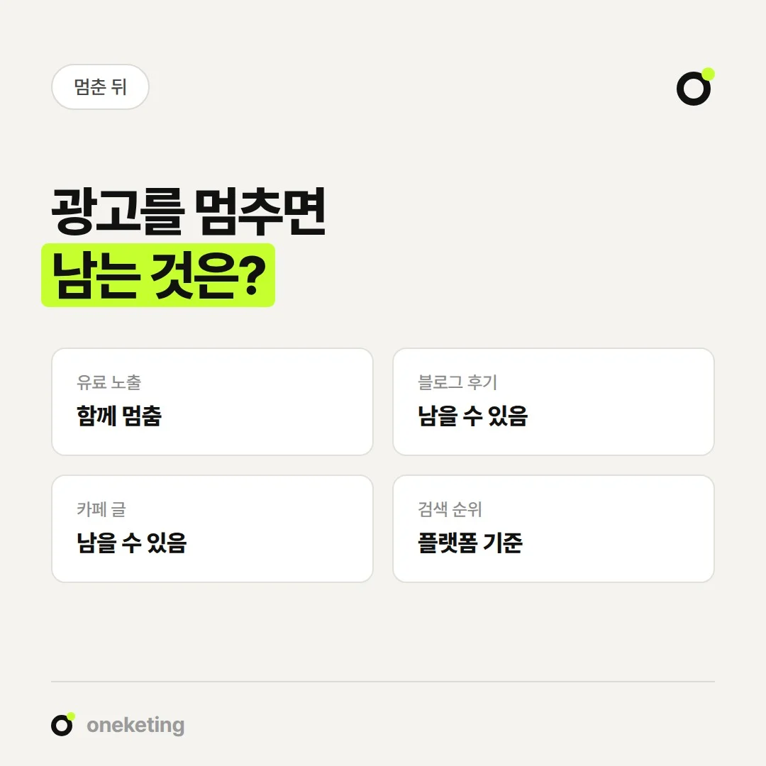 광고를 멈추면 유료 노출은 멈추지만, 블로그 후기와 카페 글은 남을 수 있습니다.